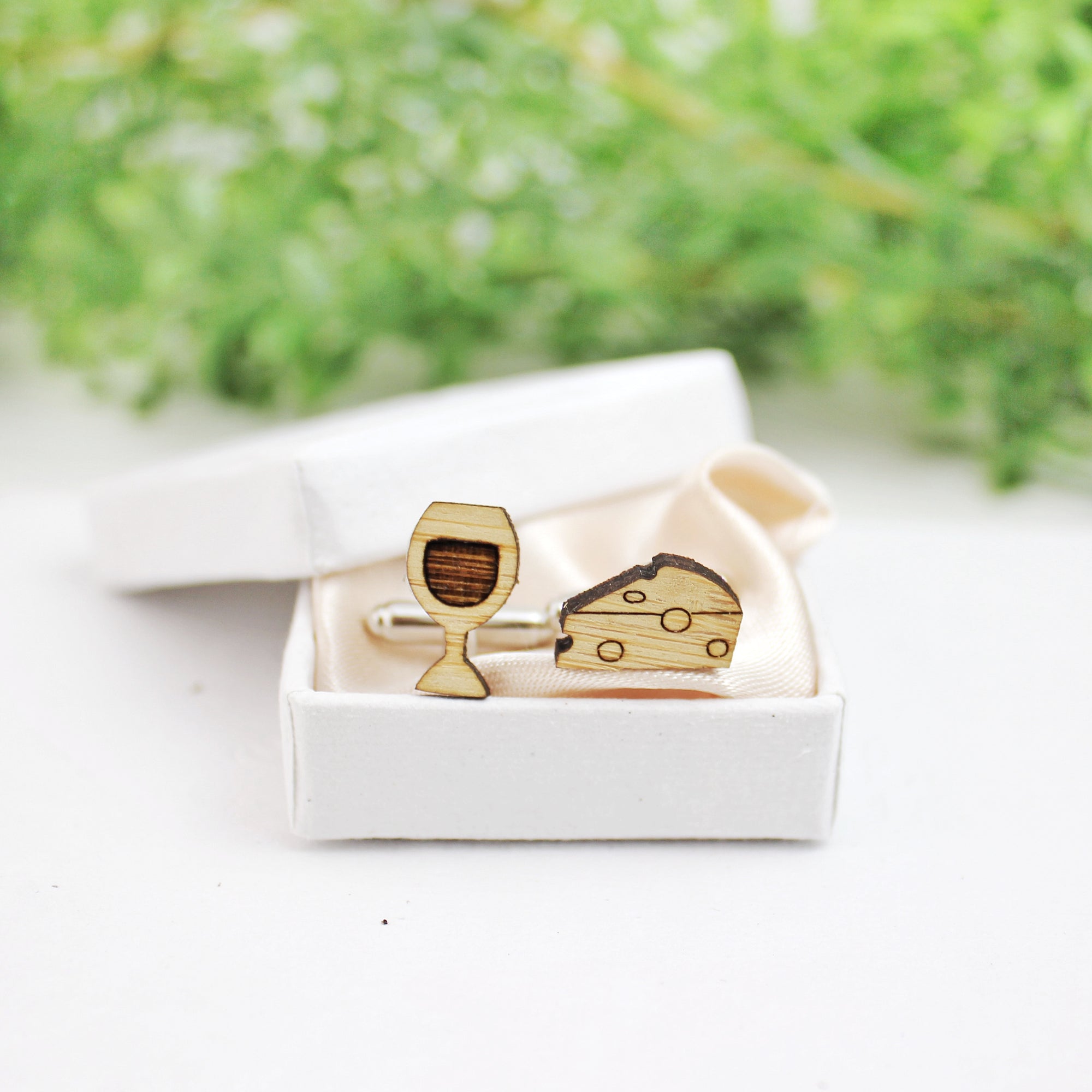 Wine and cheese cufflinks, wooden gift wedding anniversary, wine lover gift, gift for men