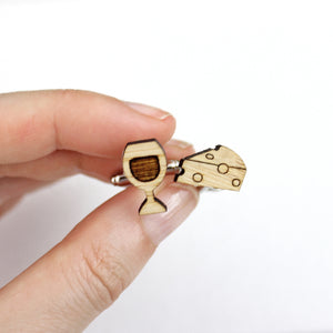wine and cheese cufflinks, wine gift, gift for wooden anniversary, men